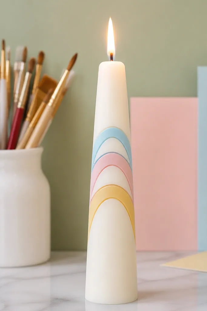 Taper candle with stacked pastel arches near the top