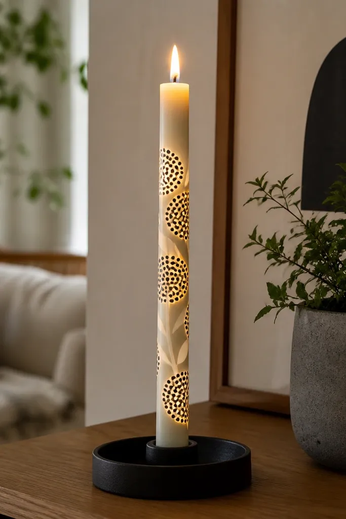 Taper candle with black dot clusters and simple leaf shapes in white