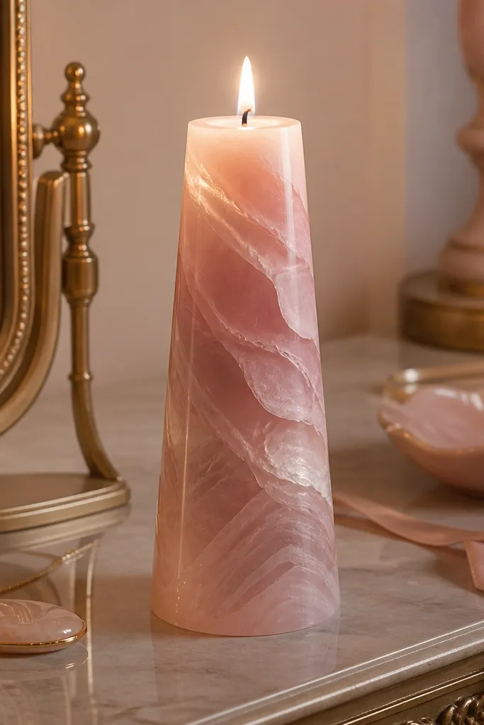 Taper candle with blush pink swirls over a pale pink base