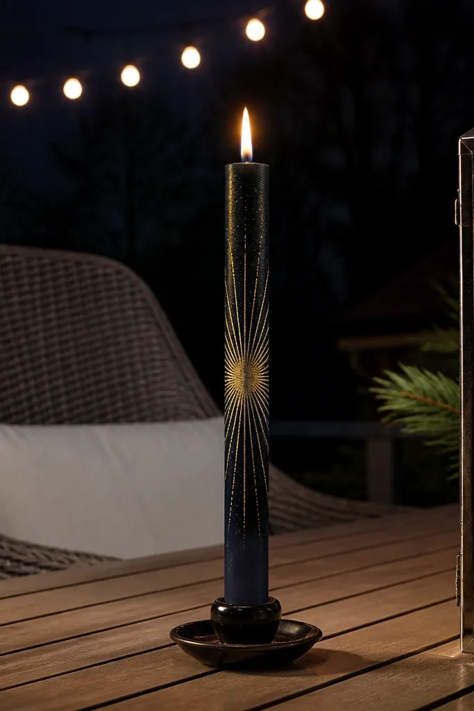 Taper candle with starburst rays in pale gold on dark navy