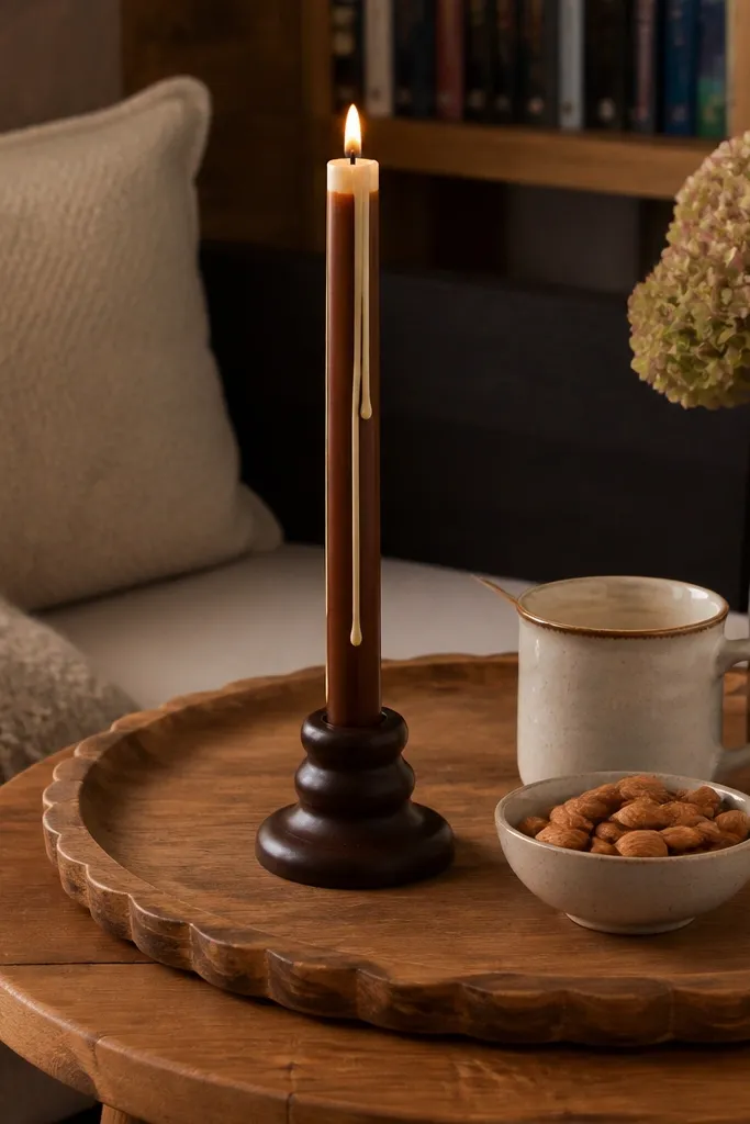 Taper candle with a chocolate-brown drip line and cream highlight