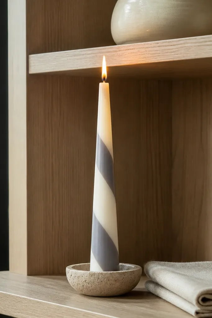 Taper candle with pearl white and soft gray diagonal stripes