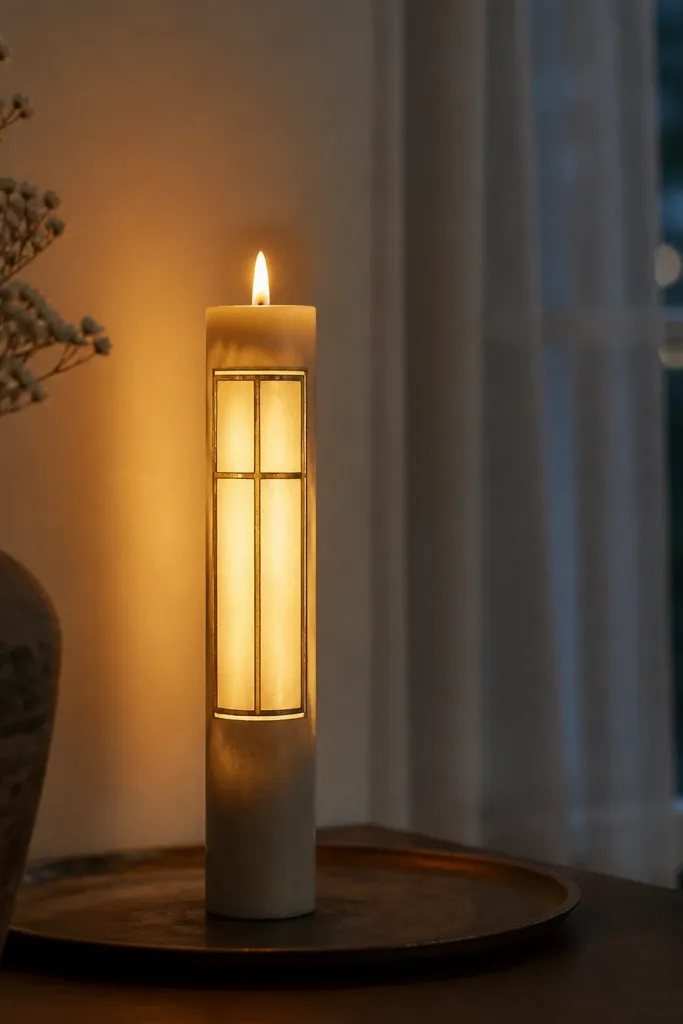 White candle with a glowing window frame and soft gold light edges