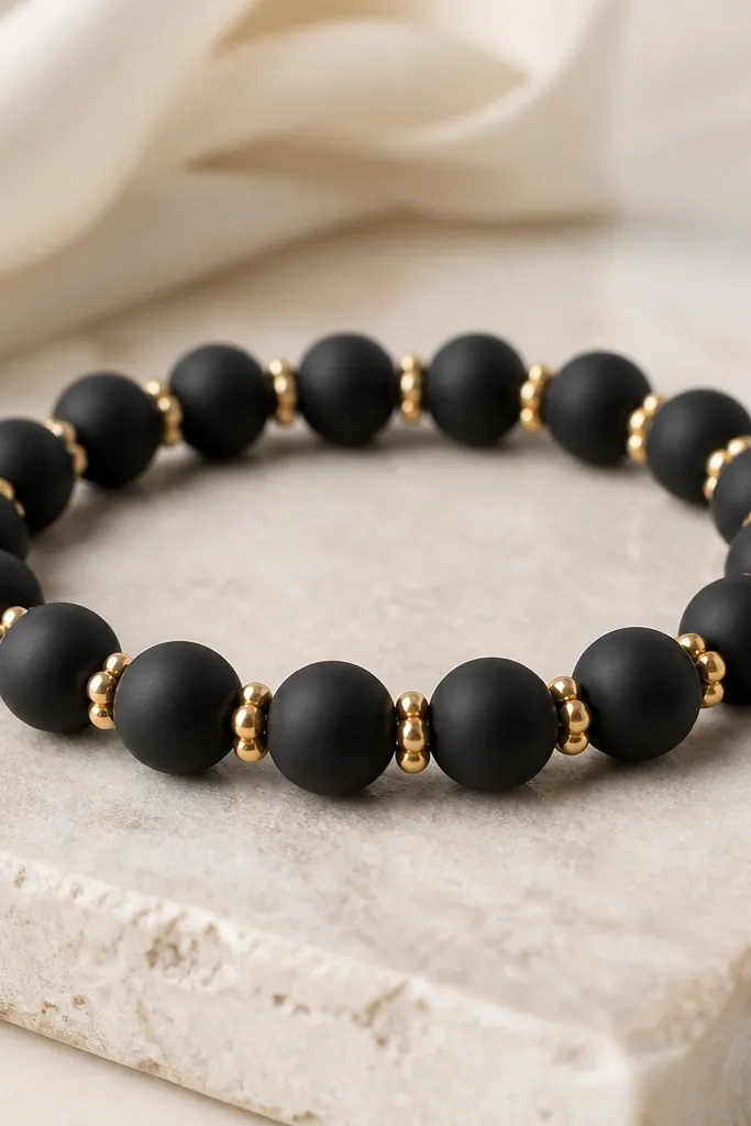 A close-up of a matte black clay bead bracelet with 8mm beads; between each bead there are three tiny metallic gold seed beads, giving a speckled halo effect.