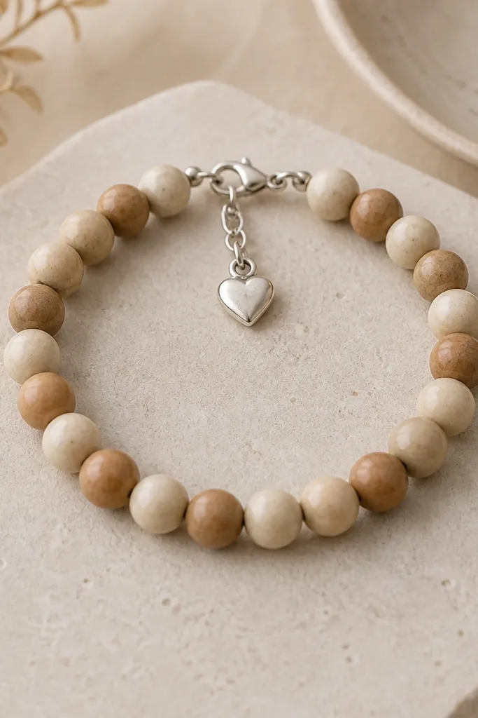 A beige and light brown clay bead bracelet with 8mm rounds; one small silver heart charm hangs at the center, attached to a short loop near the clasp.