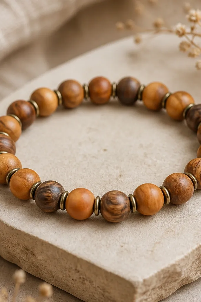 A warm bracelet: wood-look clay beads in 10mm rounds alternate with small brass ring beads; the color palette is honey brown, caramel, and a few darker streak beads.