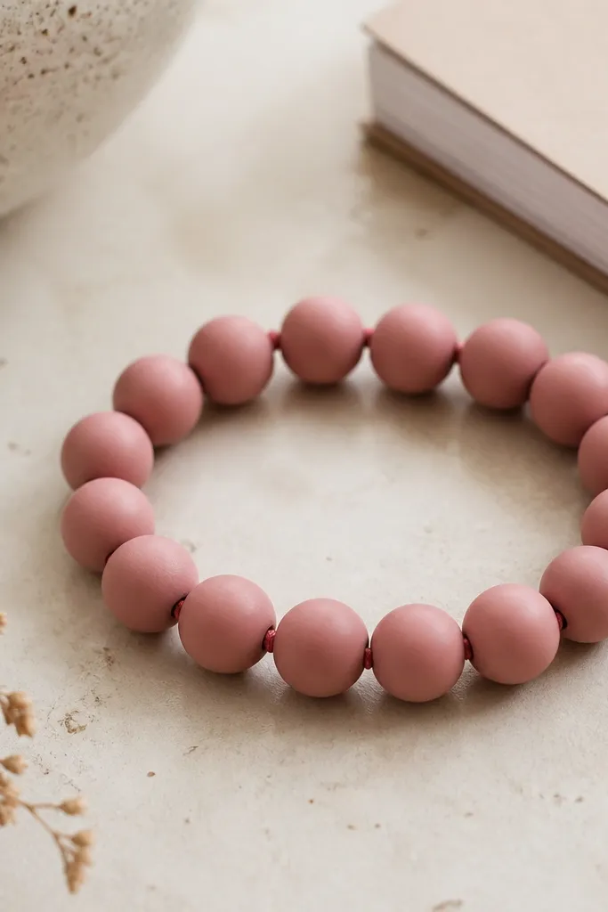 A chunky bracelet lying on a desk: 10mm smooth clay beads in dusty rose are strung on a single line with a few small sliding knots and no visible clasp hardware.