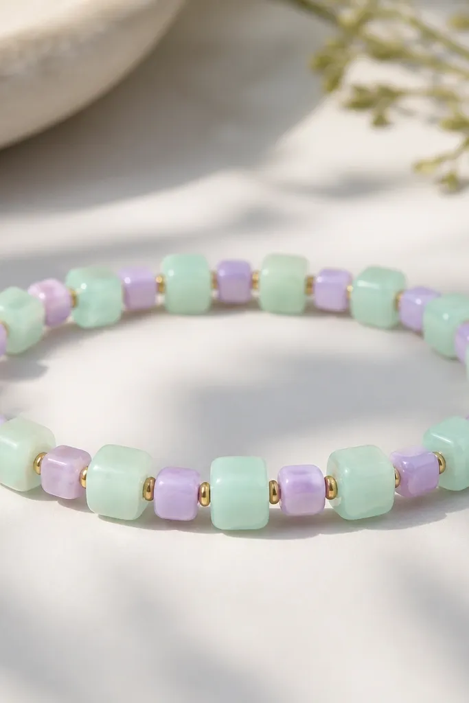 A bracelet with alternating pastel squares: light mint 8mm beads and pale lavender 6mm beads, arranged in a repeating checker rhythm across the entire band.