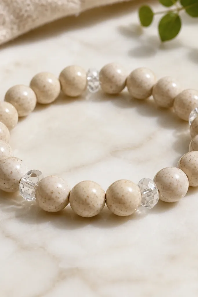 A neutral bracelet: oatmeal speckled clay beads with 9mm rounds; every third bead has a single clear faceted crystal spacer, giving sparkle points.
