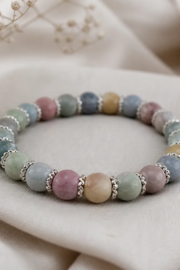 A bracelet with 8mm clay beads and small silver bead caps; the caps create a zigzag edge effect at the bracelet ends where the beads sit closer together.