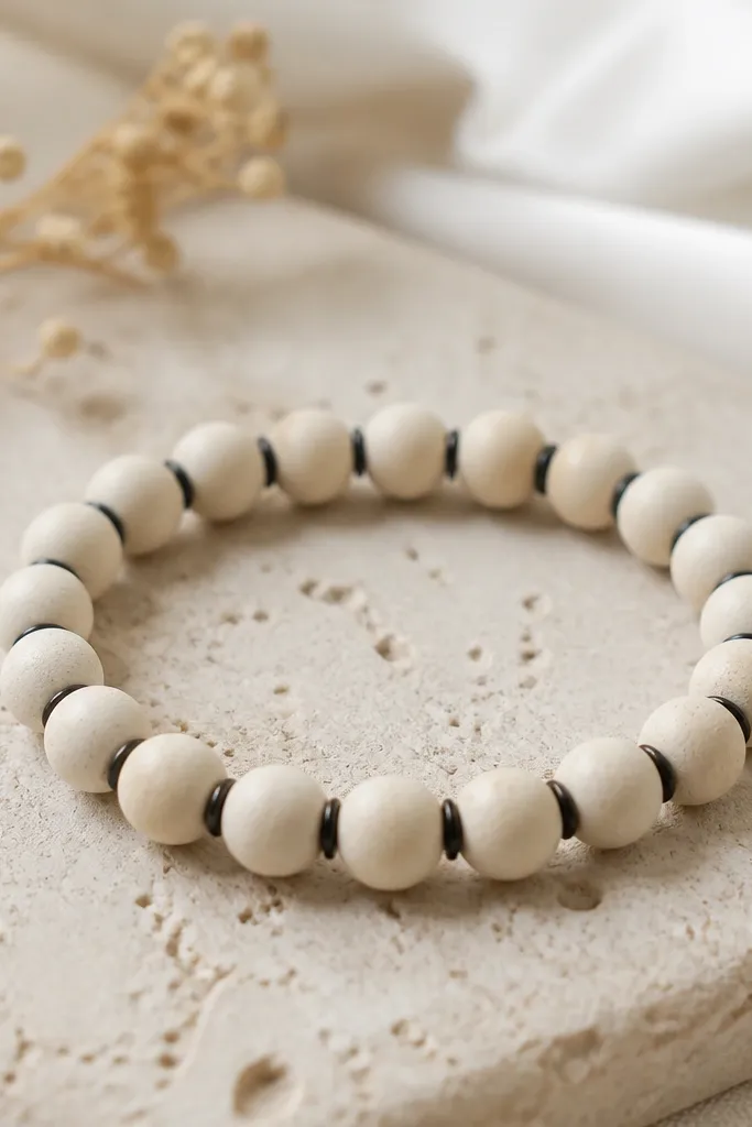A cream clay bracelet with 8mm round beads; thin black seed beads sit between each clay bead like pinstripes.