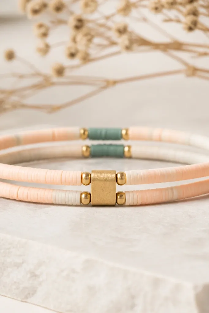 A bracelet that looks layered: two thin rows of clay beads separated by a small gap, made from one construction using spacers and a central divider bead.