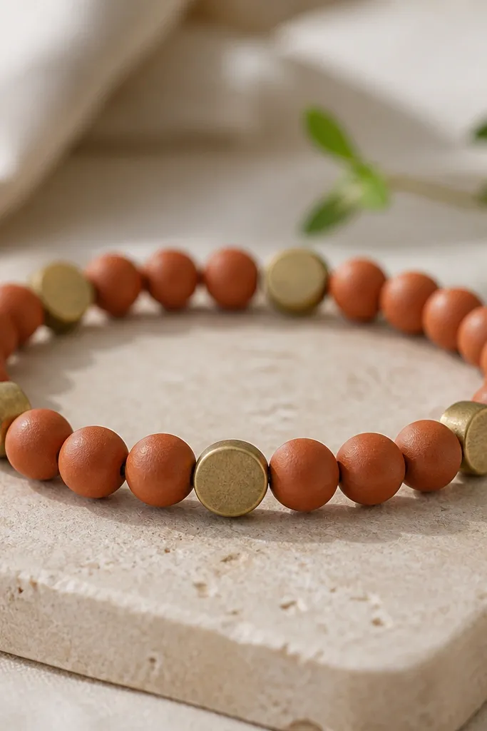 A terracotta bracelet with 8mm beads and a few flat brass coin beads spaced evenly; the coins sit centered in the bracelet pattern.
