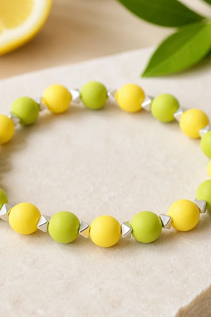A bright citrus bracelet: 8mm lemon yellow and lime green clay beads alternate, with small silver triangle spacers between every bead.