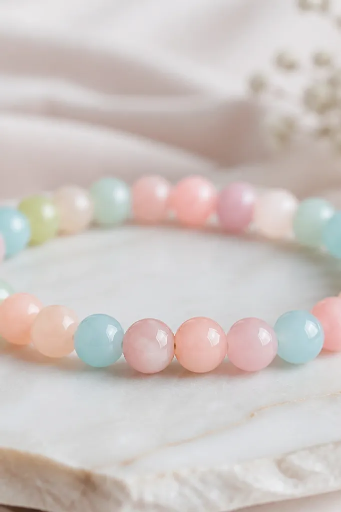 A pastel bracelet with round beads in pink, peach, mint, and sky tones; the closure looks clean with a flat knot hidden under two beads.