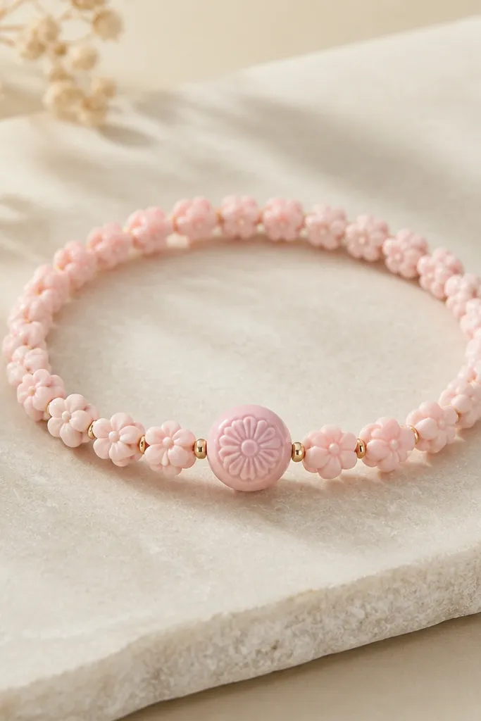 A bracelet made of small flower-shaped clay beads in pale pink; one larger center spacer bead sits exactly in the middle, creating a focal point.