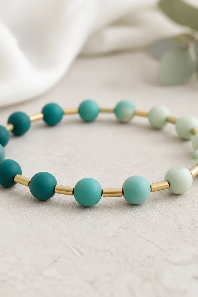 A teal-to-seafoam bracelet: smooth round clay beads fade from deep teal to pale green; thin brass tube spacers run between beads in a repeating rhythm.