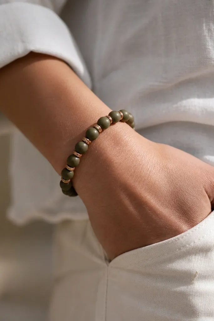 A muted olive clay bead bracelet with 8mm beads; antique copper jump rings appear at regular intervals, each ring catching light around the wrist.