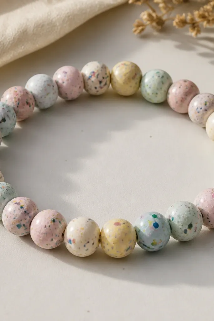 A playful bracelet with confetti-style clay beads: each bead has tiny color flecks; they're strung on clear elastic with no extra spacers.