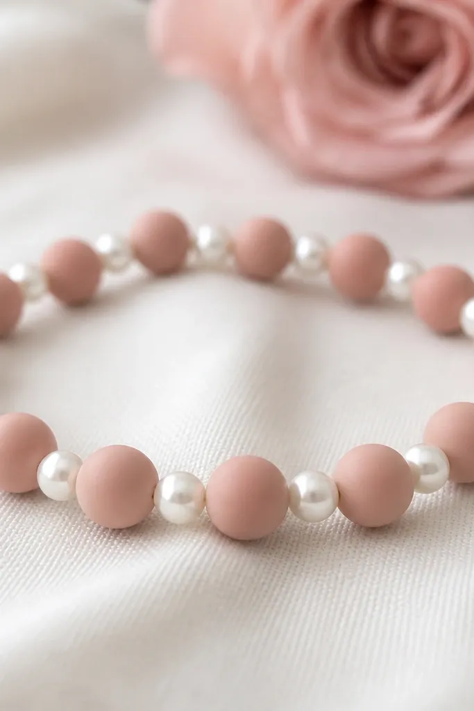 A soft rose bracelet: 8mm matte rose clay beads alternate with tiny off-white faux pearls spaced evenly; the bracelet looks delicate from close up.