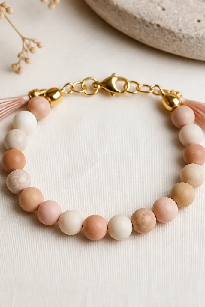 A simple clay bead bracelet with 8mm beads; at each end are small mini tassel end caps made from thin thread, attached near the clasp.