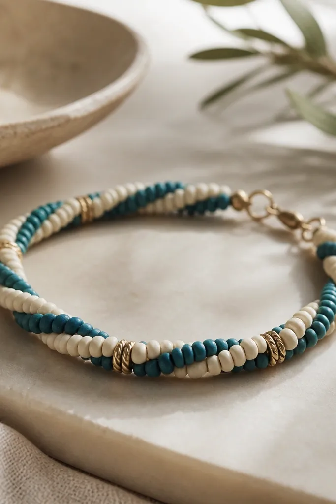 A bracelet that looks rope-twisted: alternating teal and cream clay beads with small twisted wire spacer pieces between every few beads.