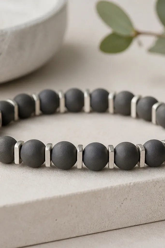 Charcoal gray matte clay beads in 9mm rounds separated by flat matte silver bar spacers; the bars align in a straight line across the bracelet.