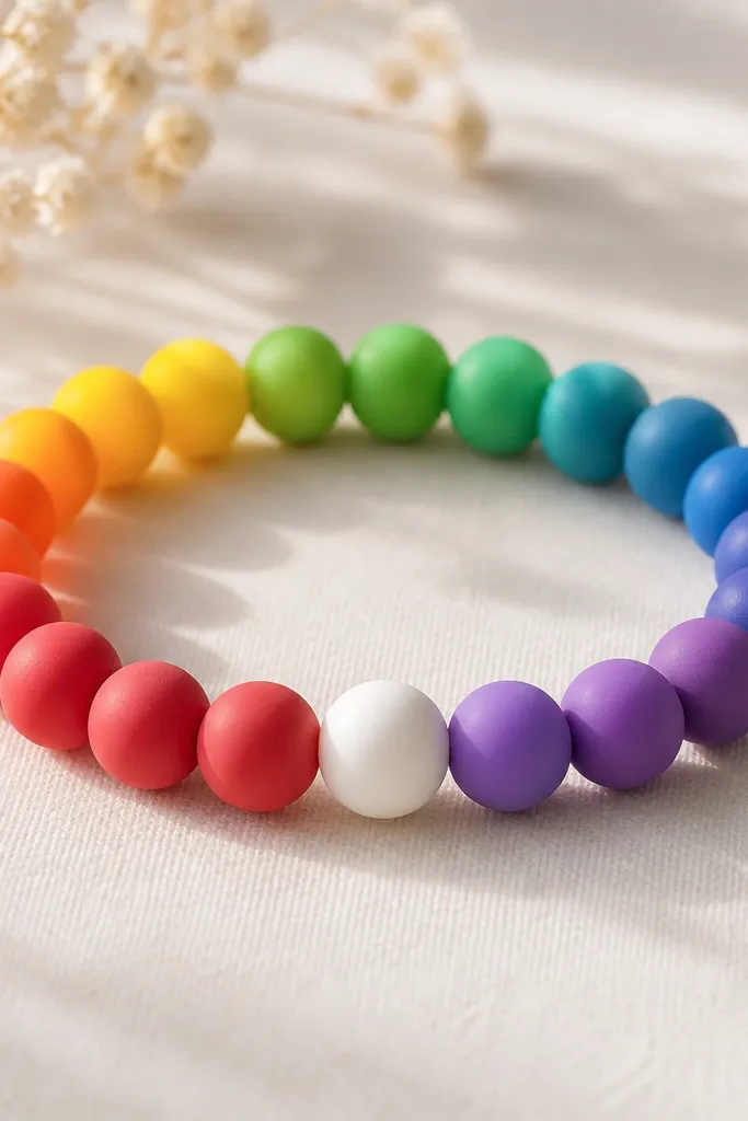 A rainbow clay bead bracelet with 8mm round beads; a single white letter bead sits in the exact center, with the rest of the beads in a smooth color arc.