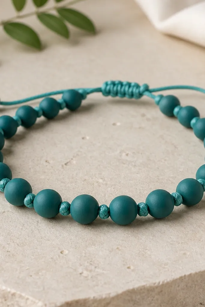A teal clay bead bracelet on a cord base with tiny macrame-like knot stops between beads; the knots sit snug and evenly spaced.