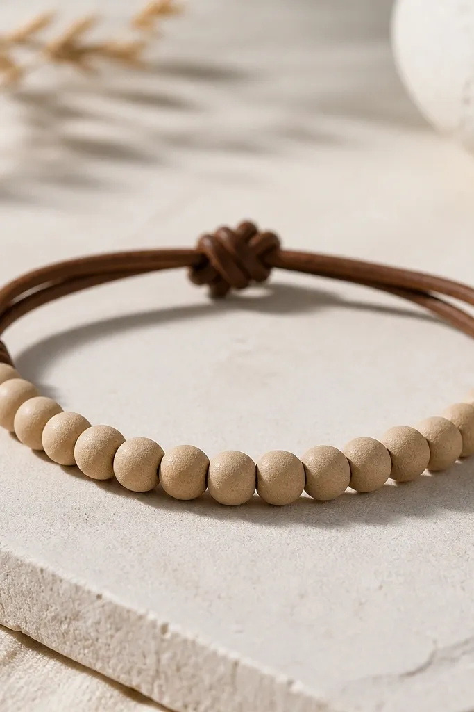 A bracelet with matte sand-colored clay beads; the bead row is attached to two short brown leather wrap ends that tie in a simple knot at the back.