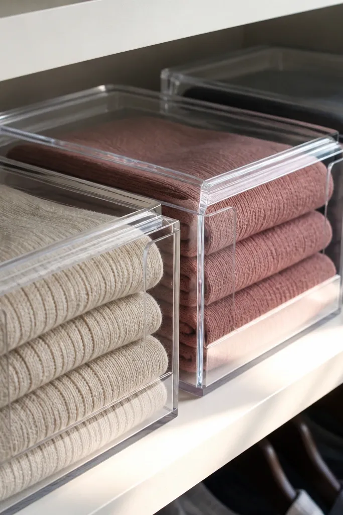 Folded sweaters with neutral tones in clear bins on a shelf