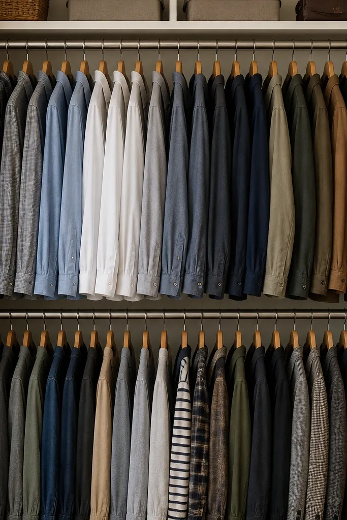 Two levels of hangers with shirts grouped by color