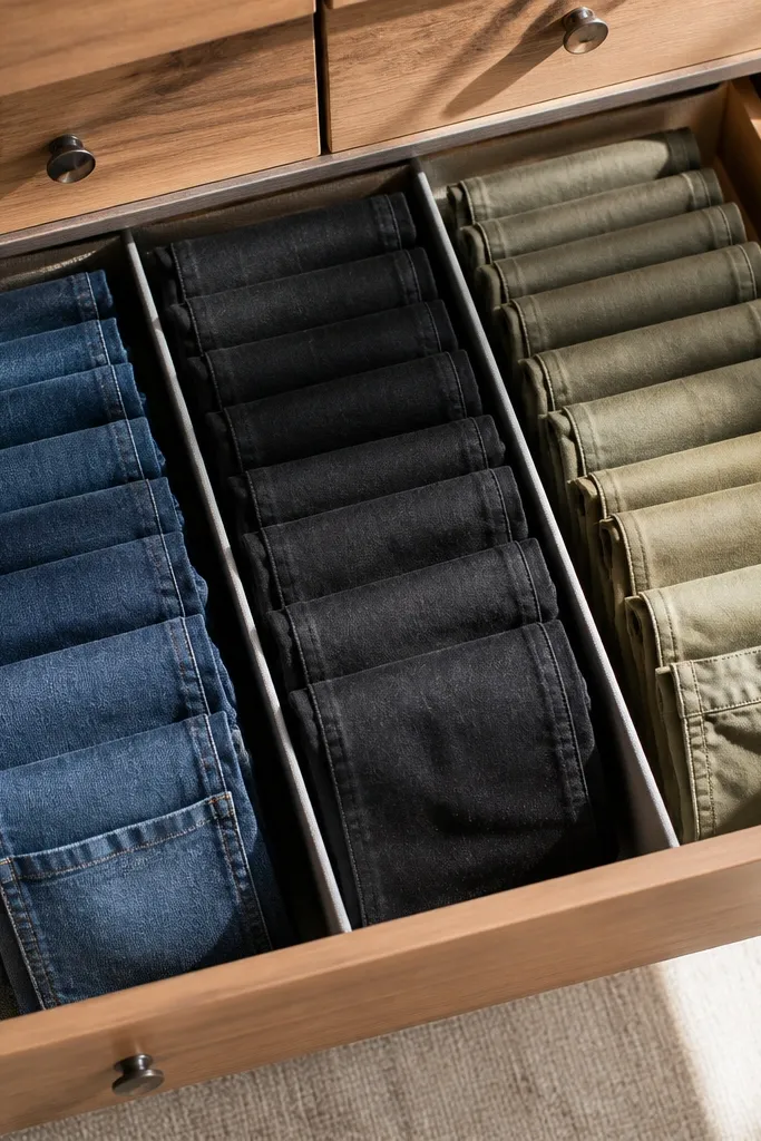 A dresser drawer with folded pants separated by color