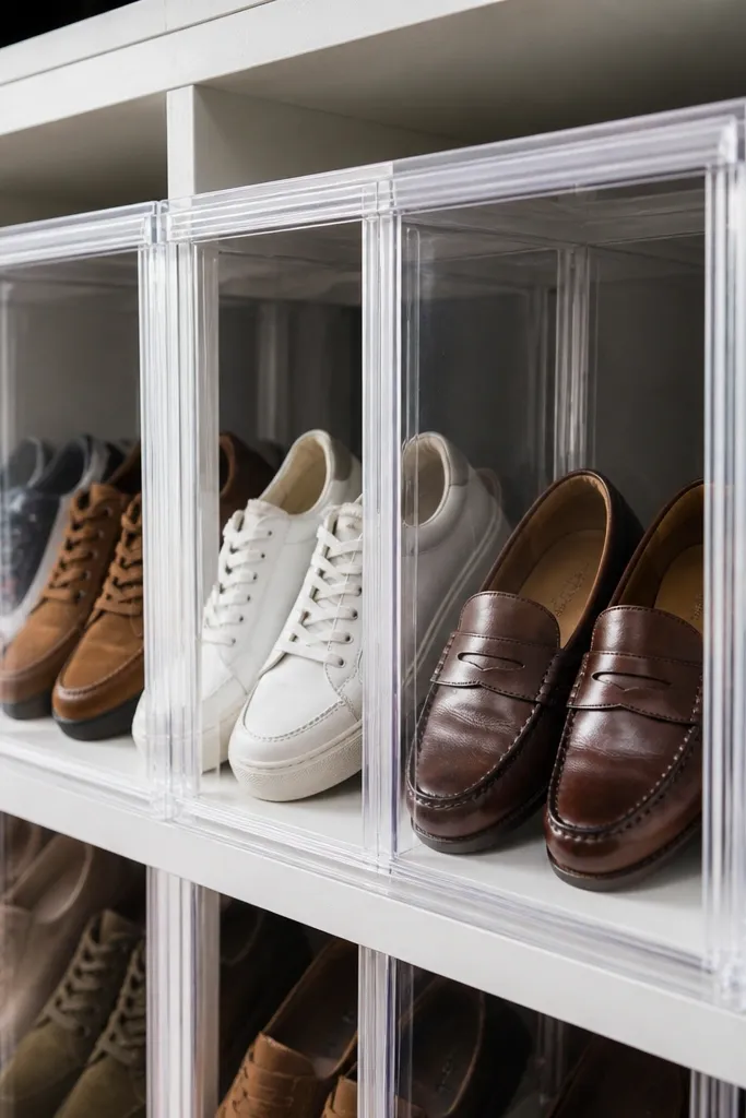 Shoes lined in one row inside clear cubbies