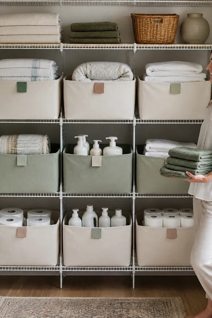 Stacked fabric bins with labels on closet shelves
