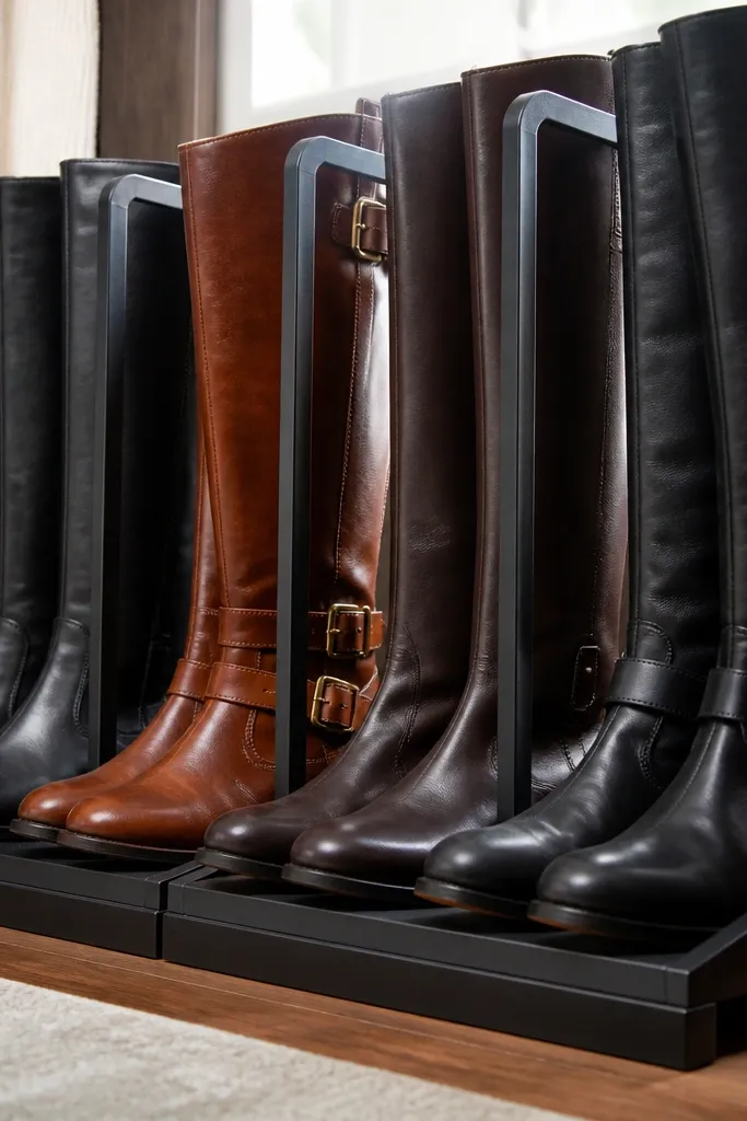 Boots upright in a row with matching boot stands