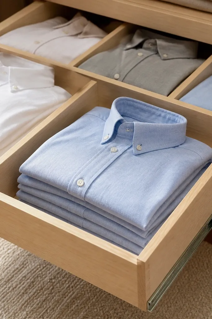 Folded shirts in a drawer with dividers and uniform stacks