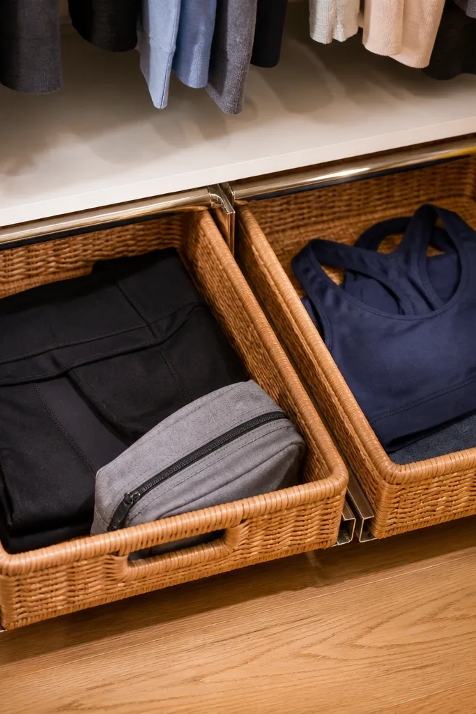 Pull-out baskets under a shelf with neatly folded workout clothes