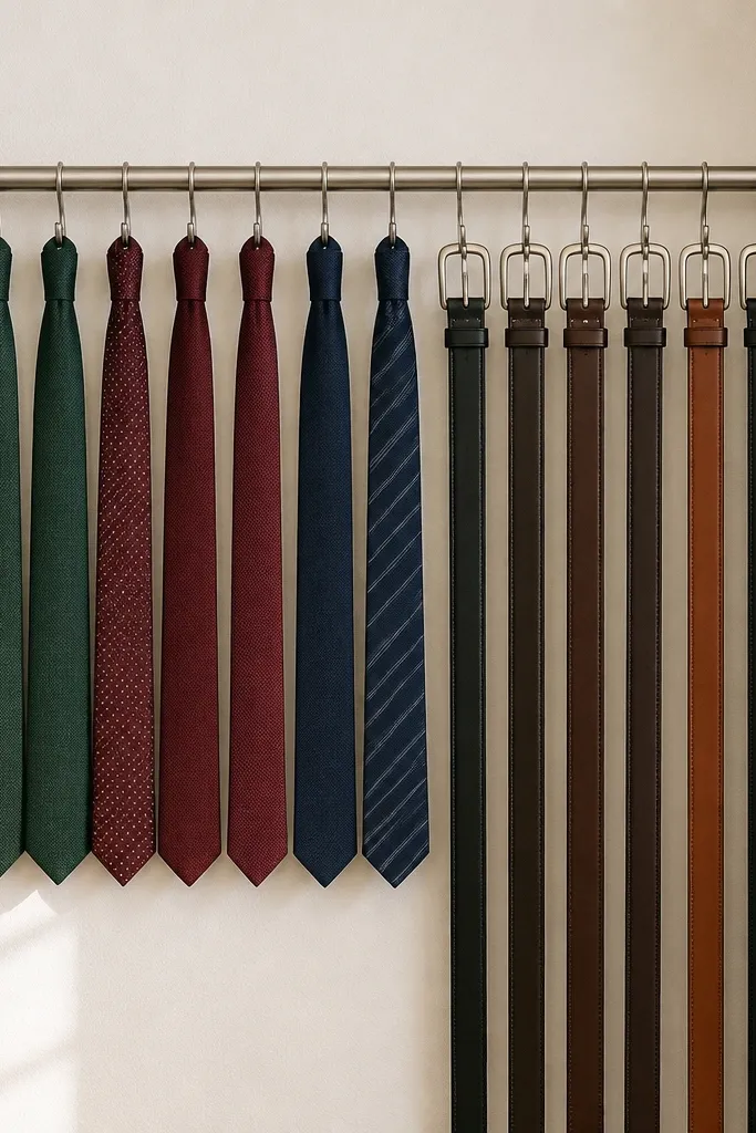 Ties and belts hung neatly on a rod with clips