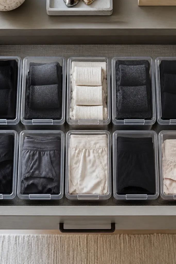 Clear bins with lids holding folded socks and underwear