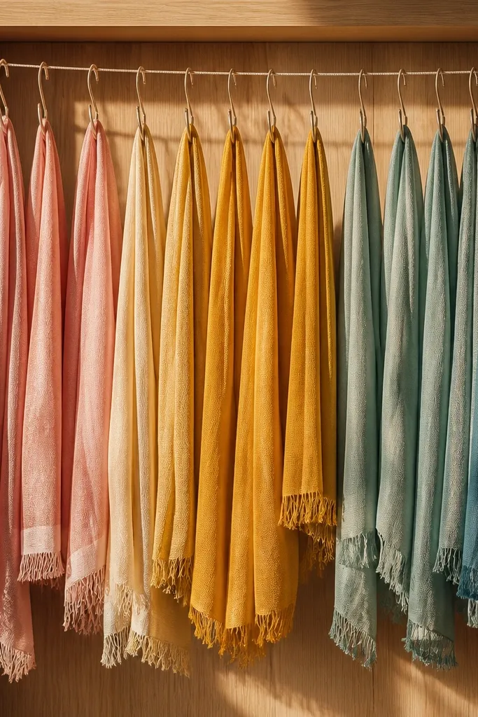 Scarves hanging in a clean row on hooks under a shelf
