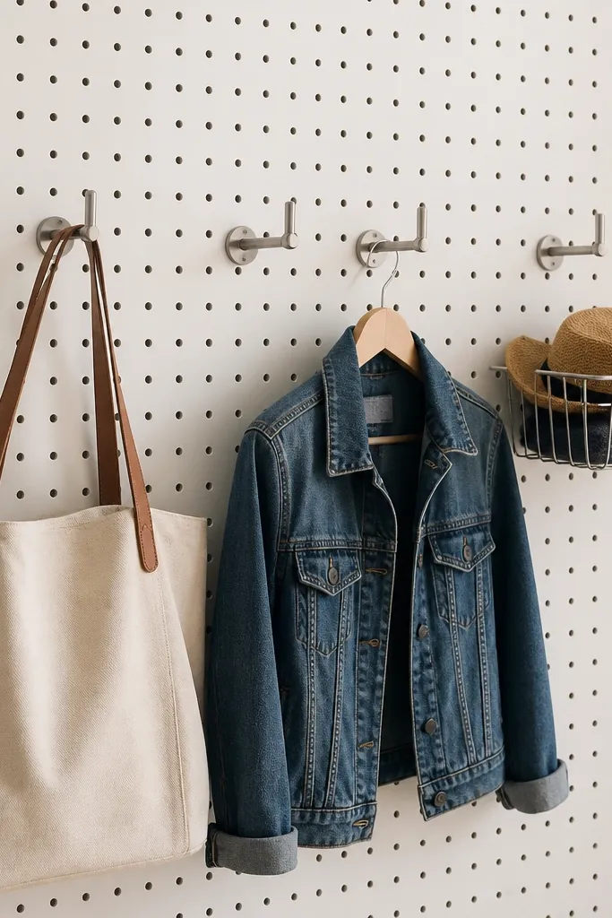 Pegboard wall with evenly spaced hooks and hanging items
