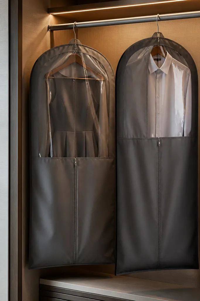 Garment bags hanging neatly with matching hangers