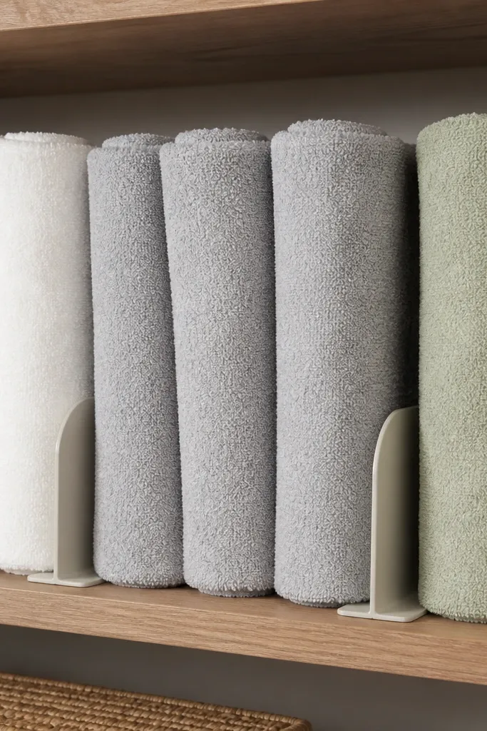 Rolled towels standing upright behind shelf dividers