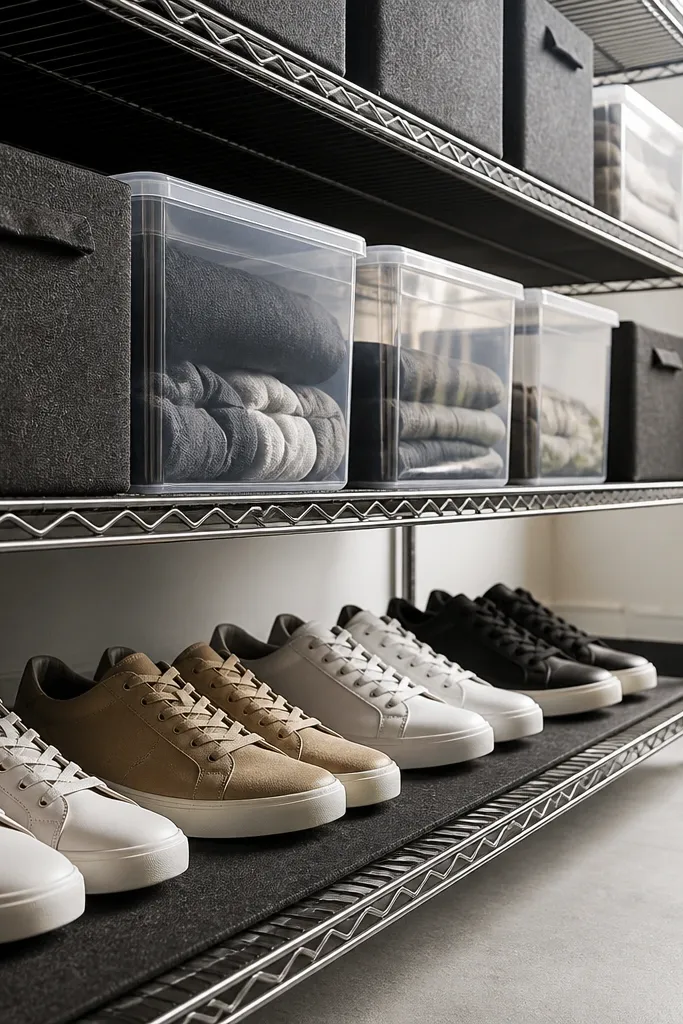 Matte black liners under neatly stored bins on wire shelves