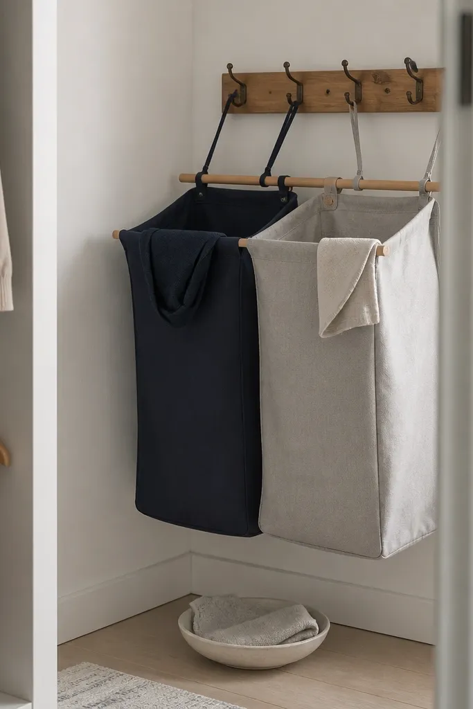 Two hanging laundry bags with clean labels on closet wall