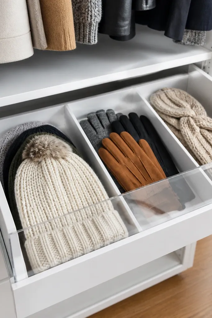 A sliding drawer with clear front showing organized seasonal accessories