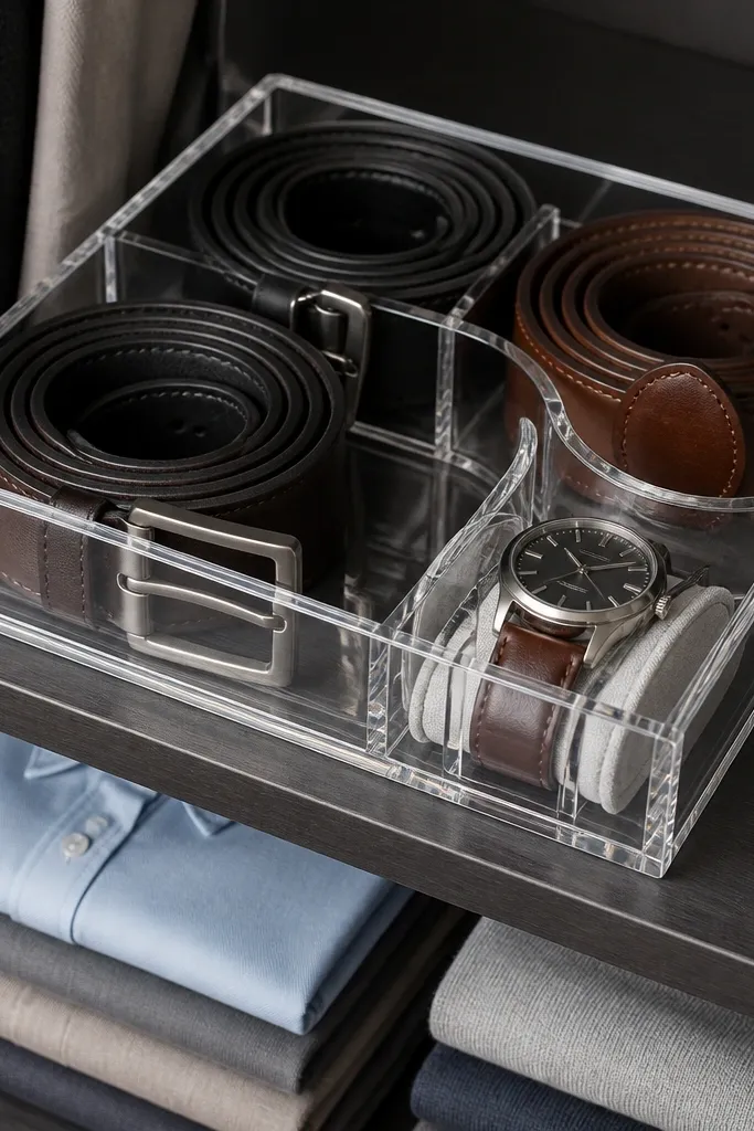 Clear acrylic tray with rolled belts and a watch band row