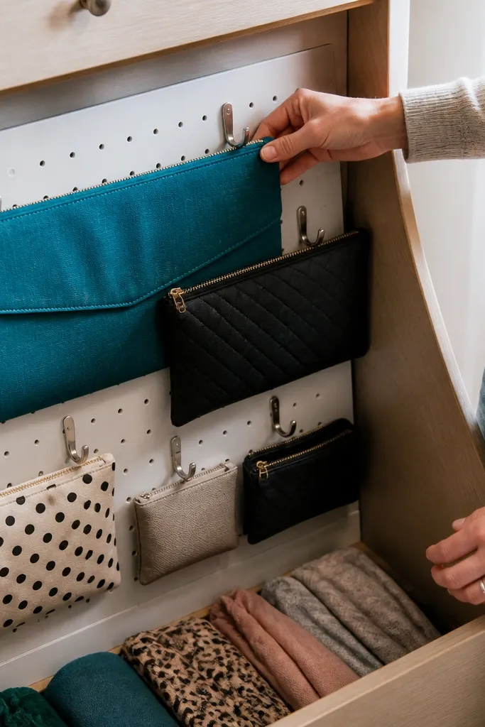 Drawer organizer with pegboard backing and hooks holding flat bags