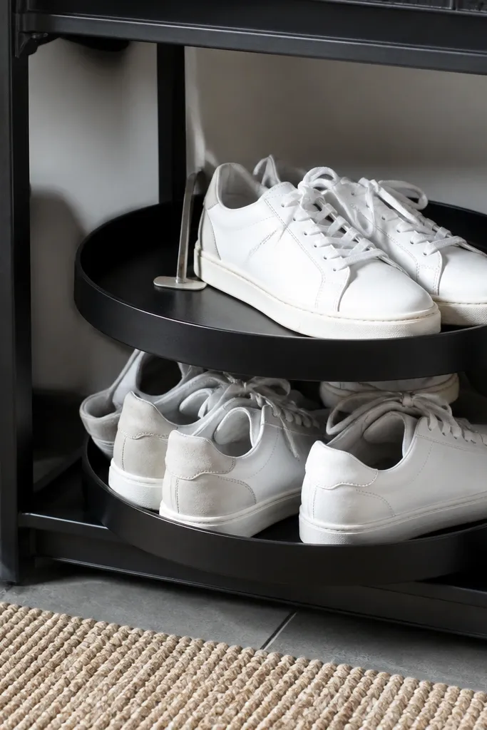 Shoe shelf with two tiers and small rotating displays for pairs